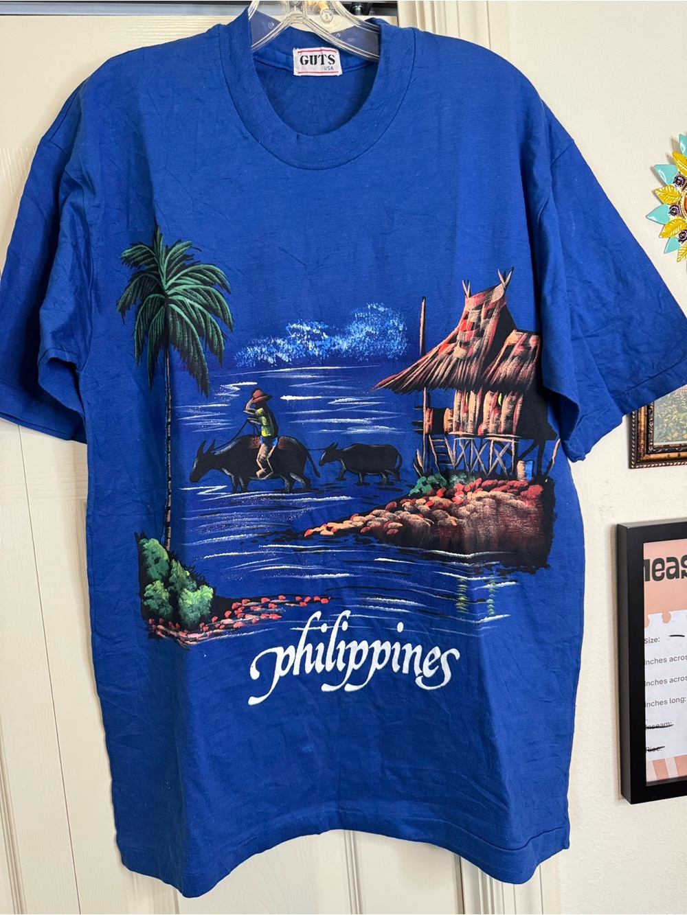 Vintage Philippines Souvenir Shirt Handpainted Size M/L Filipino Travel Blue